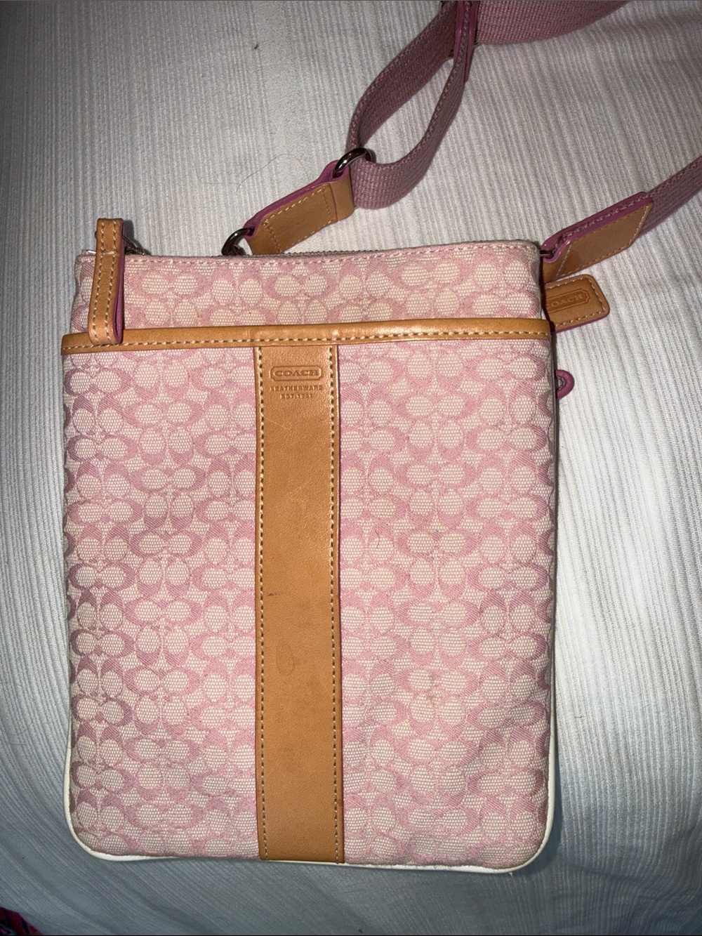 Coach Pink Signature Crossbody with Tan Leather Accent